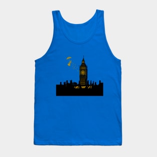 Mary Poppins and Big Ben Linocut Print in black, white and gold Tank Top